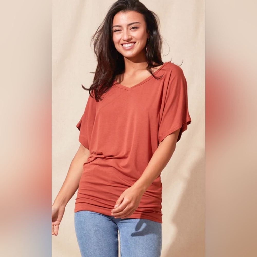 SILVANA Bamboo Dolman V-Neck‎ Terra Cotta Tunic Top XL